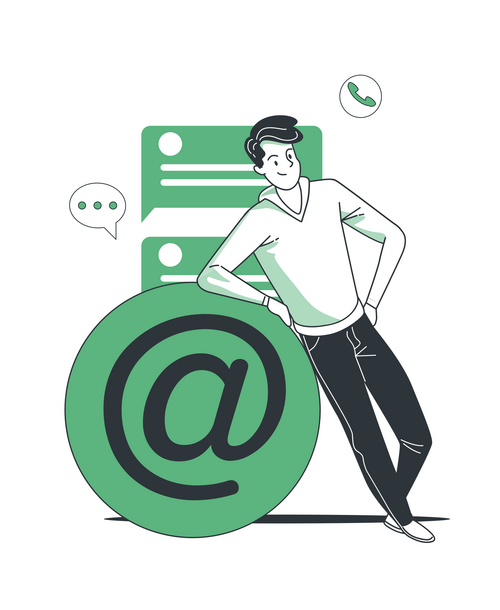 Ein Mann, der sich auf ein E-Mail-Symbol stützt, dargestellt in einer Vektorillustration.