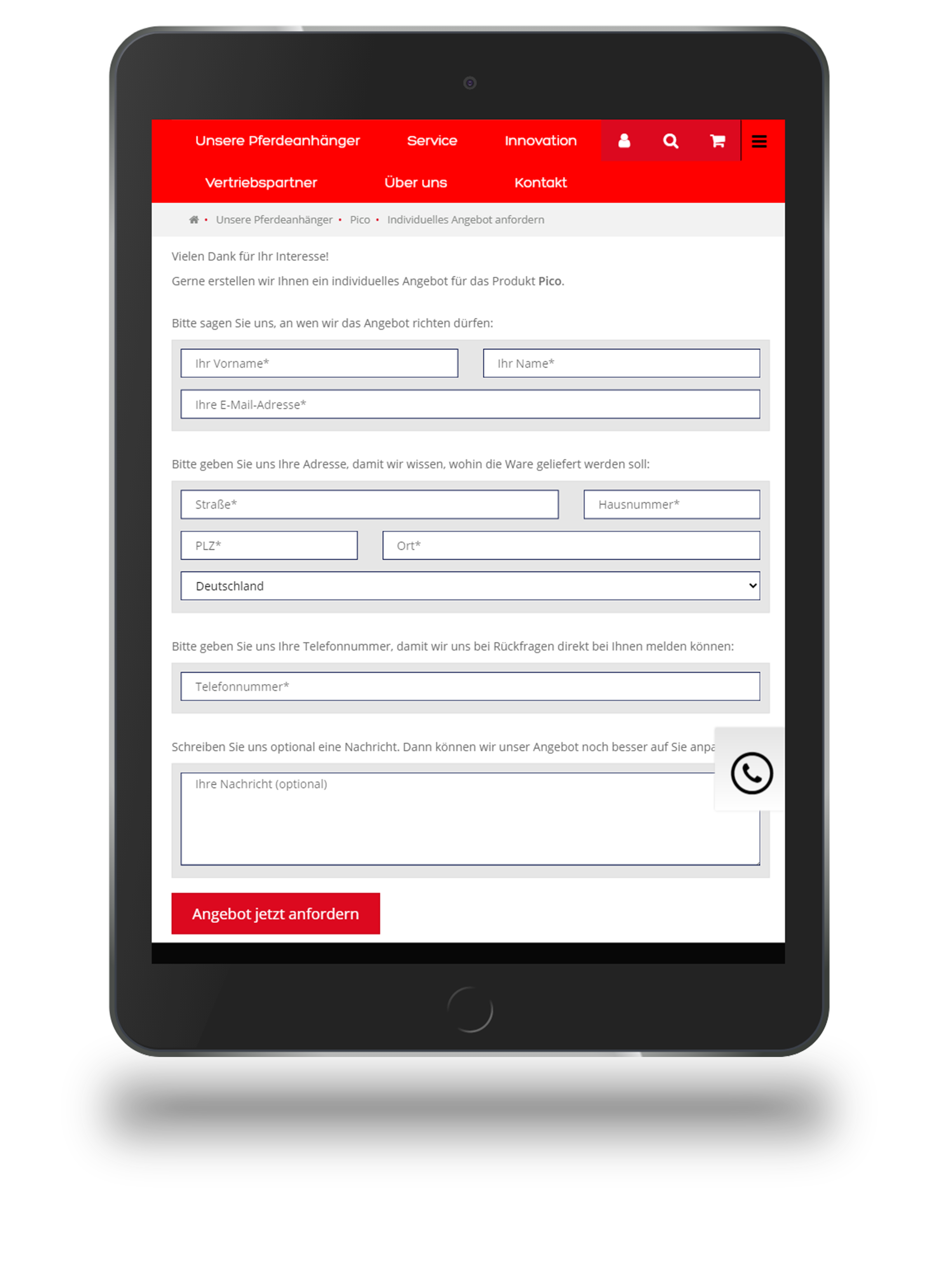 Anfrageformular für Angebote und Preisanfragen von konfigurierten Anhängern beim Onlineshop von Thiel aus Pfullendorf