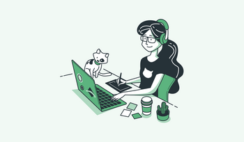 A woman sitting at a desk with a laptop and a dog by her side.