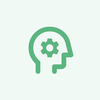 A green icon of a head with gears symbolizing intelligence and innovation.